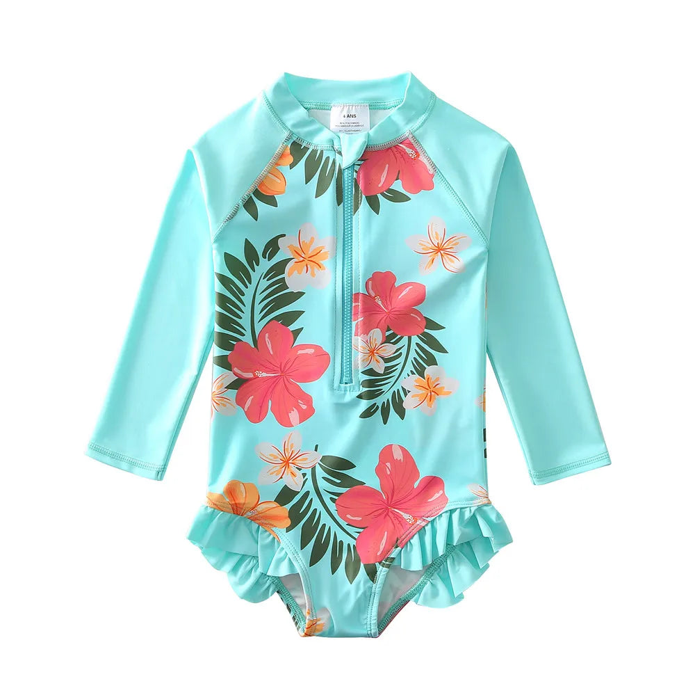 Wishere One Piece Baby Girls Swimsuit UPF50+ Swimwear Sunsuit With Lace Long Sleeve Rash Guard Flower Print Summer Bathing Suit