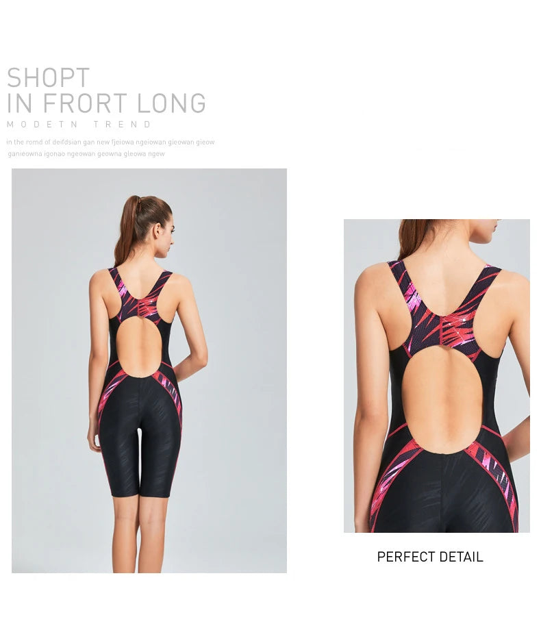 Quick Dry Swimwear Professional Knee Length Round Neck Swimsuit Women One Piece Sport Bathing Suit Rashguard Surf