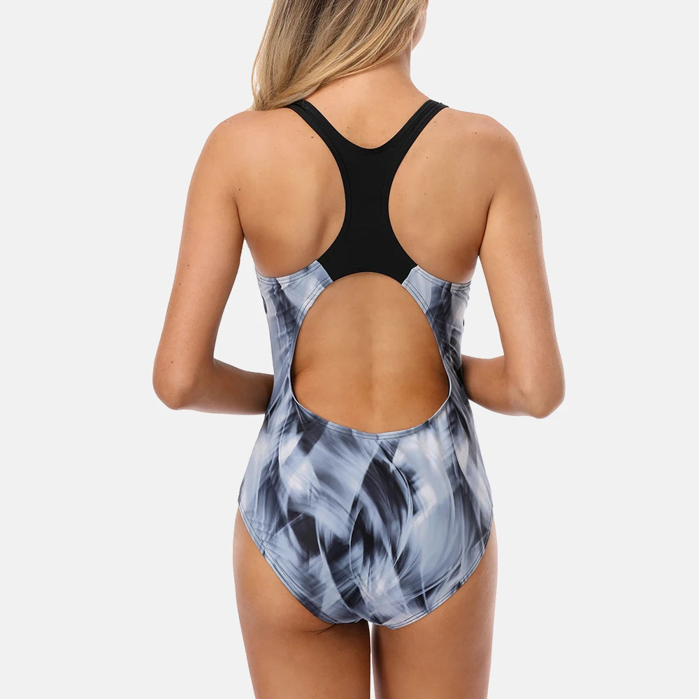 Anfilia Women One Piece Sports Swimwear Watercolor Printed Sports Swimsuit Cutout Sexy Colorblock Bodysuit Fitness Monokini