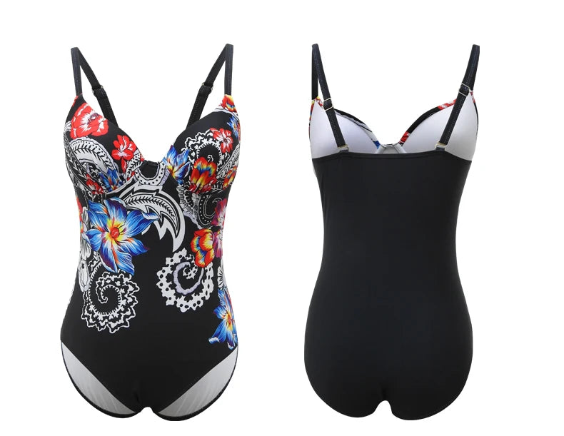 Floral Print Female One Piece Large Swimsuits Closed Plus Size Swimwear Push Up Women's Swimming Body Bathing Suit Pool Beach