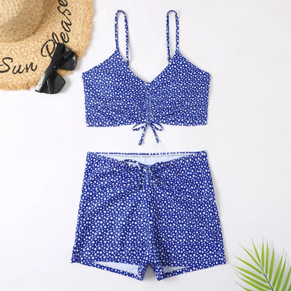 High Waist Bikini Swimsuit Women Floral Print Swim Suits Drawstring Front Shorts Boxers Swimwear Trunks Pool Bathing Suit