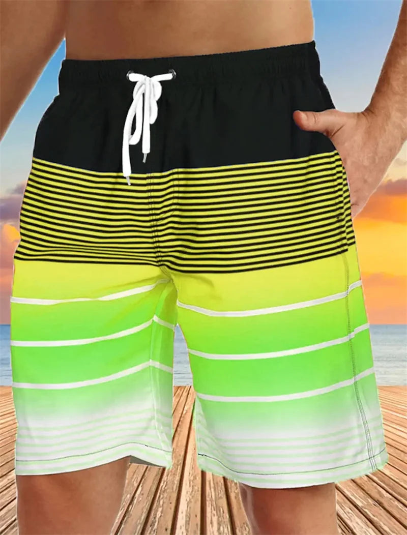 Men's Beach Shorts Fun 3D Striped Print Swim Trunks Fashion Summer Loose Casual Pants Boy Girl Unisex Gym Board Shorts