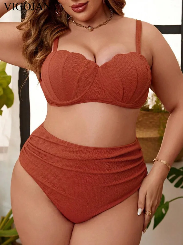 Solid 2 Piece Plus Size Bikini Set Women Strapped Push Up Large Big Swimsuit High Waist Bathing Suit