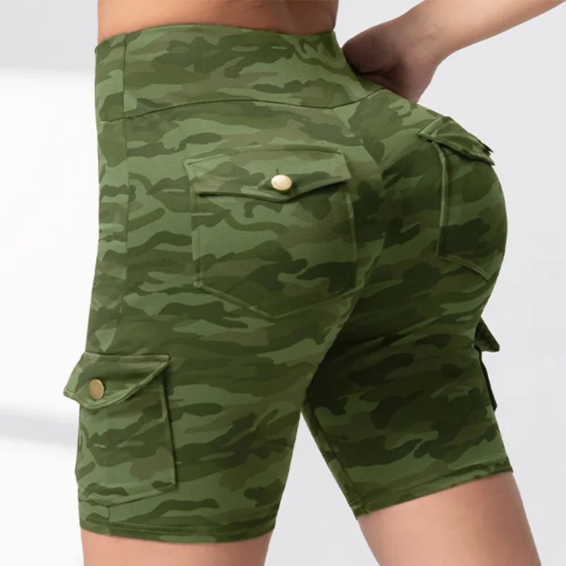 Camouflage Printed Women Shorts with Pockets Butt Lifting Tummy Tight Elastic Slim Outdoor Running Workout Shorts Streetwear