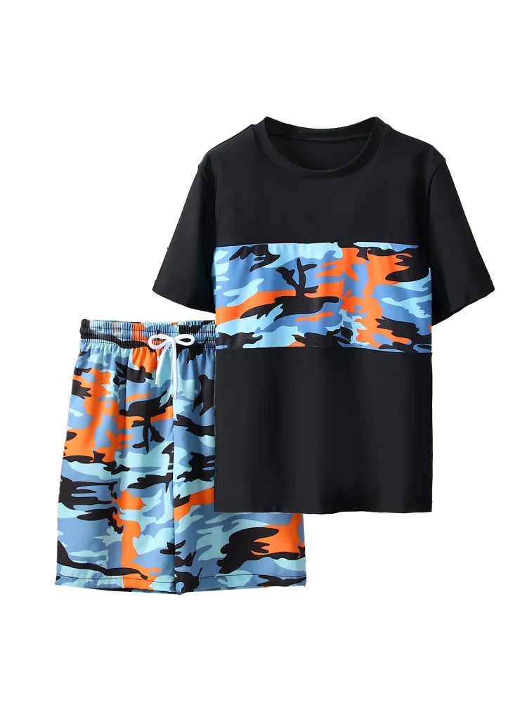 Boy Kids Swimsuit Black Short Sleeve Children Swimwear Summer Beach Shorts Two Piece Beach Wear Bathing Suit Swimming