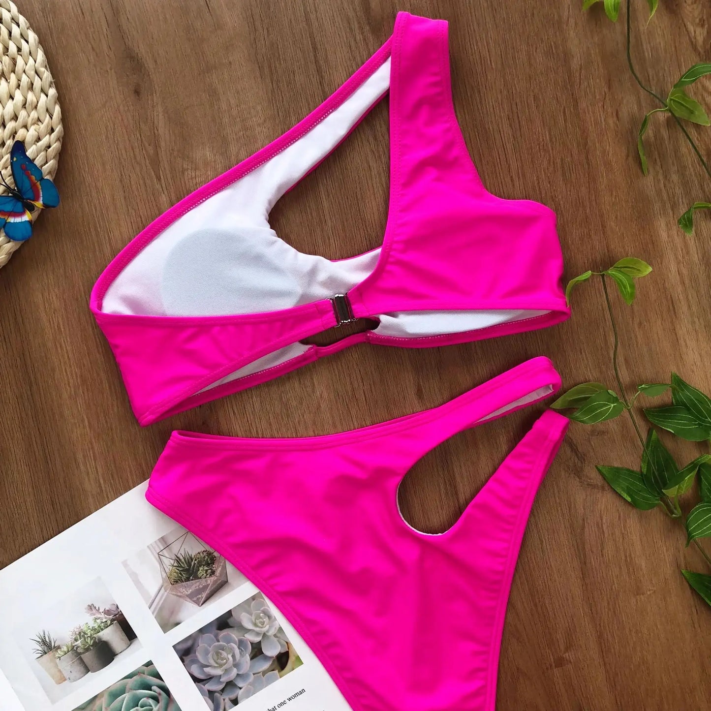 Solid color swimsuit irregular diagonal shoulder bikini Swimwear Beach Bathing Suits