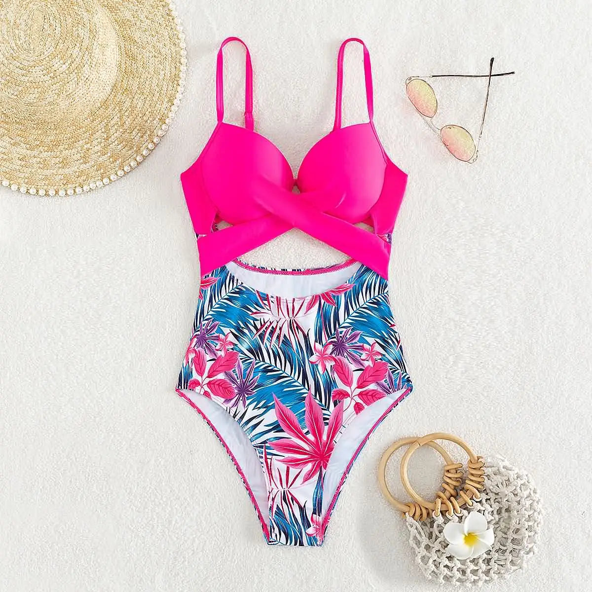 Cikini-Women's Tropical Print Cut Out Twist Push Up Swimsuit, Summer Beach Swimwear, Bathing Suit for Women, 1 Pc
