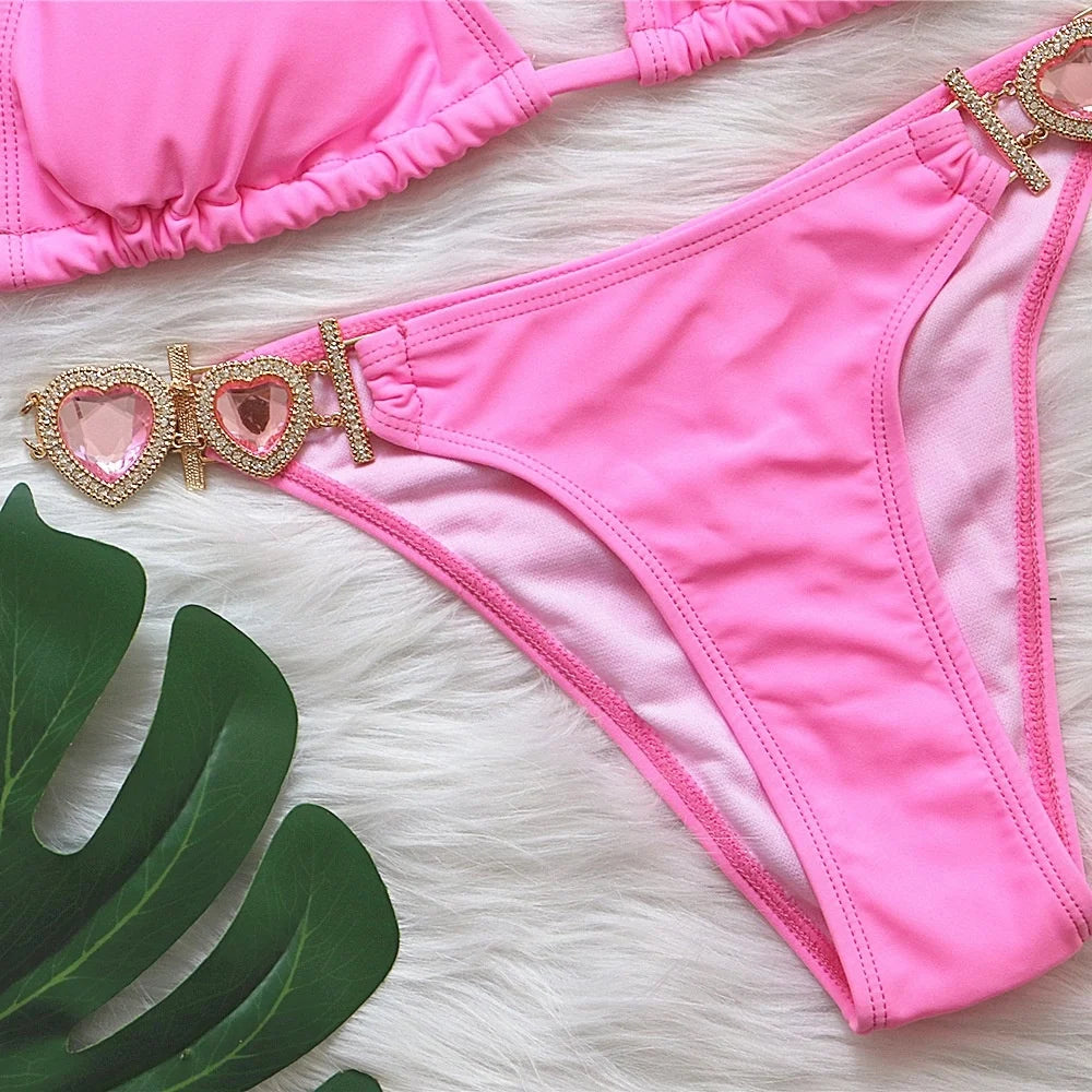 Pink Bikinis Swimsuit With Heart Rhinestones Women Swimwear Female Push Up Bikini Beach Swim Wear Bathing Suits Pool Bather