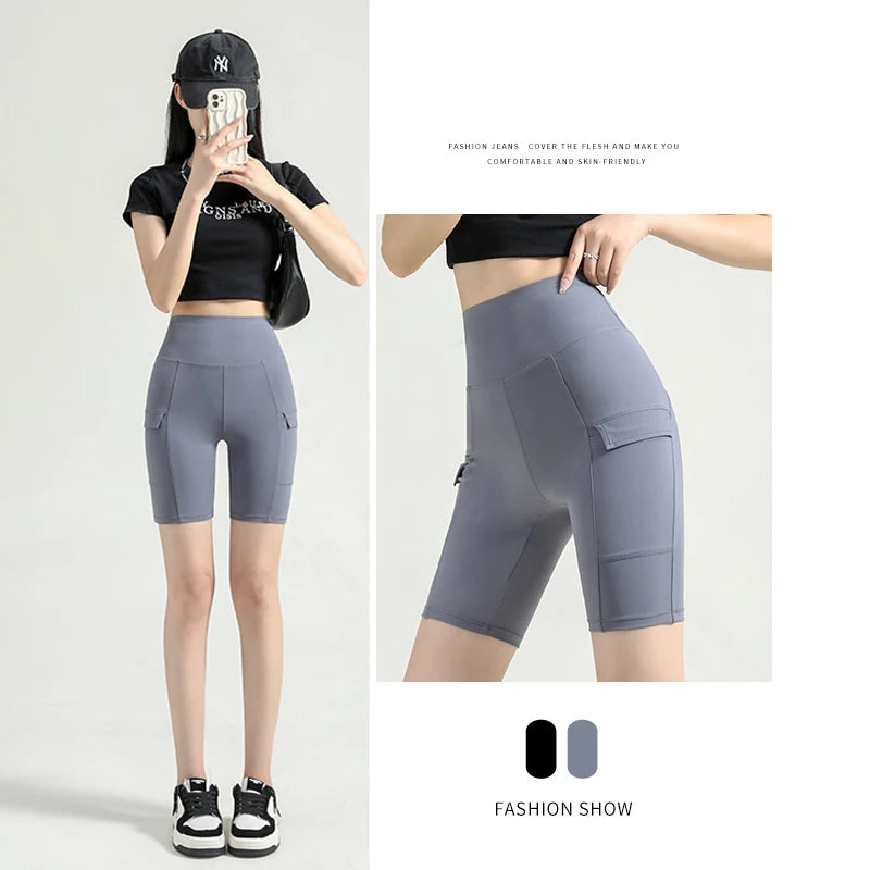 BIVIGAOS Summer New Cargo Pocket Shark Shorts Women's Sport Fitness Cycling Shorts High Waist Running Tight Biker Short Leggings
