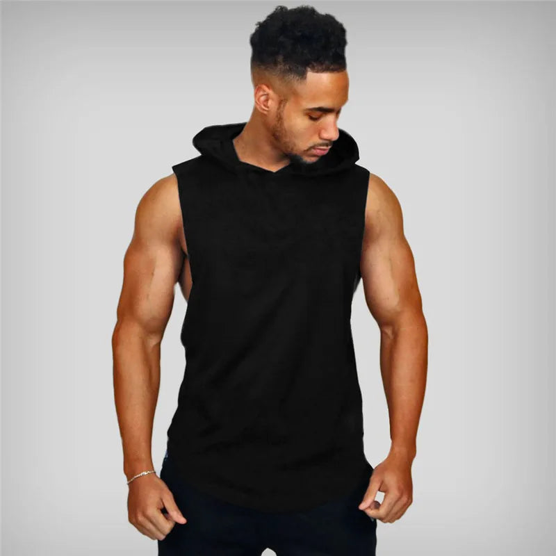With Hat Gym T-shirt Man Sleeveless Sweatshirt Gym Clothing Men Bodybuilding Clothes Men's Singlet Fitness Vest Singlets Tops
