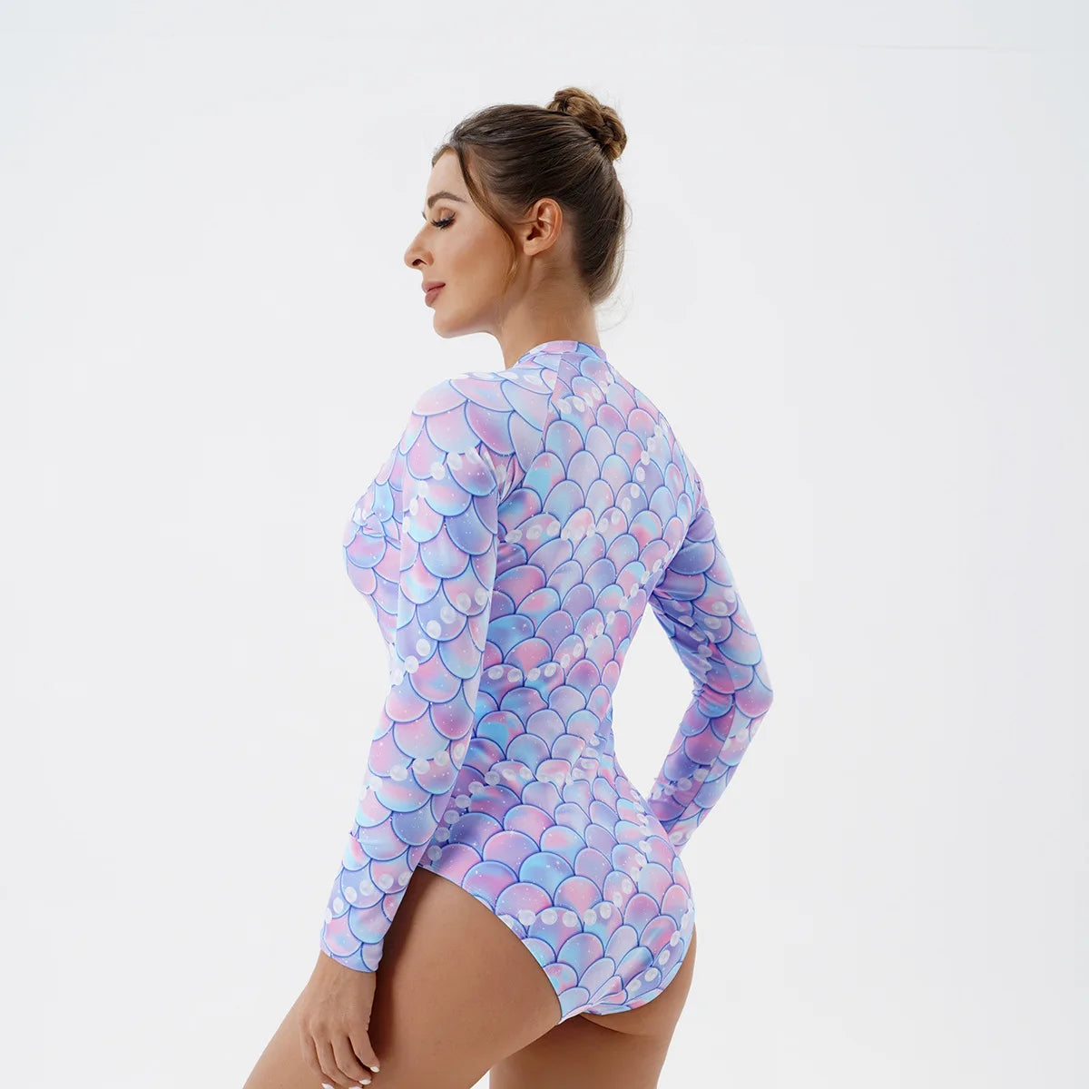 One Piece Swimsuit Women Fish Scale Printing Bikini Long Sleeve Sunscreen Surfing Suit Monokini Beach Swimwear