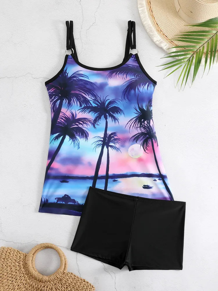 Plus Size Swimwear Women Tankini Beach Wear 2025 Bikini Set Coconut Print Two Piece Swimsuit Woman Bath Suits Big Size Monokini