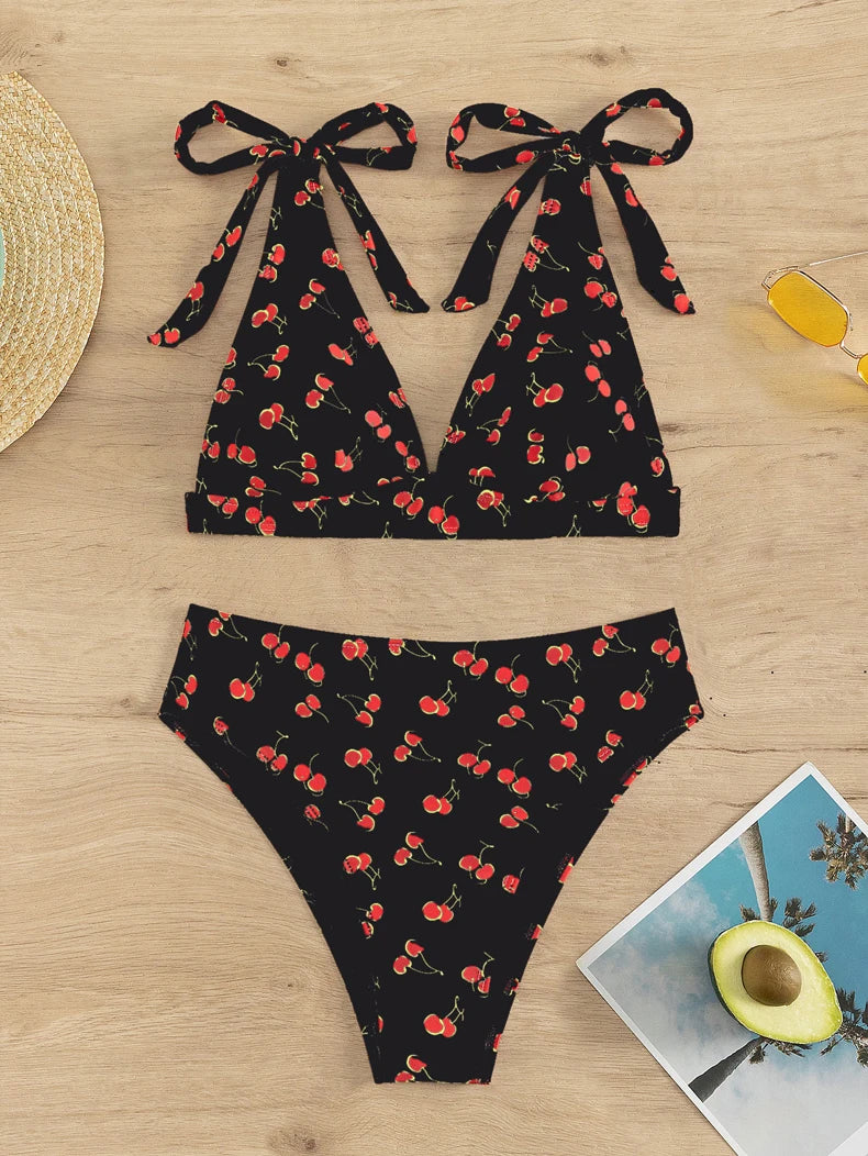 Black Cherry Print Bikini Set Women Tie Up Strap V Neck Push Up High Waist Swimsuit Cut Out Bathing Suit Two Piece Swimwear