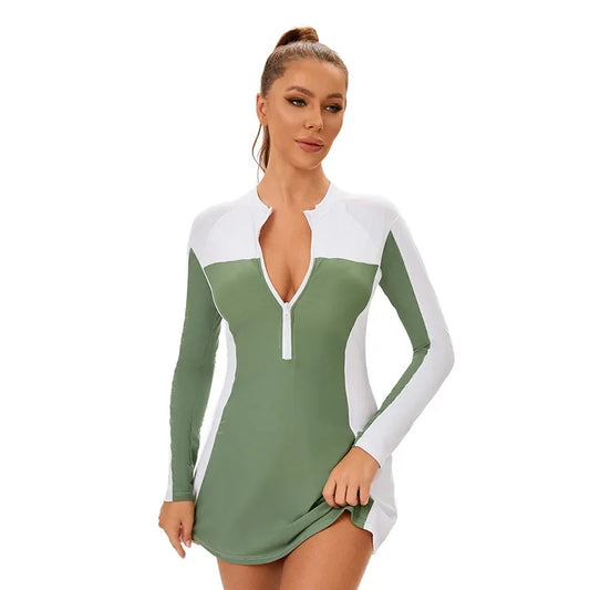 Woman Tankini Color Block Long Sleeve Two-Piece Swimsuit - Modest Skirted Beachwear Swimwear Bathing Suit Women