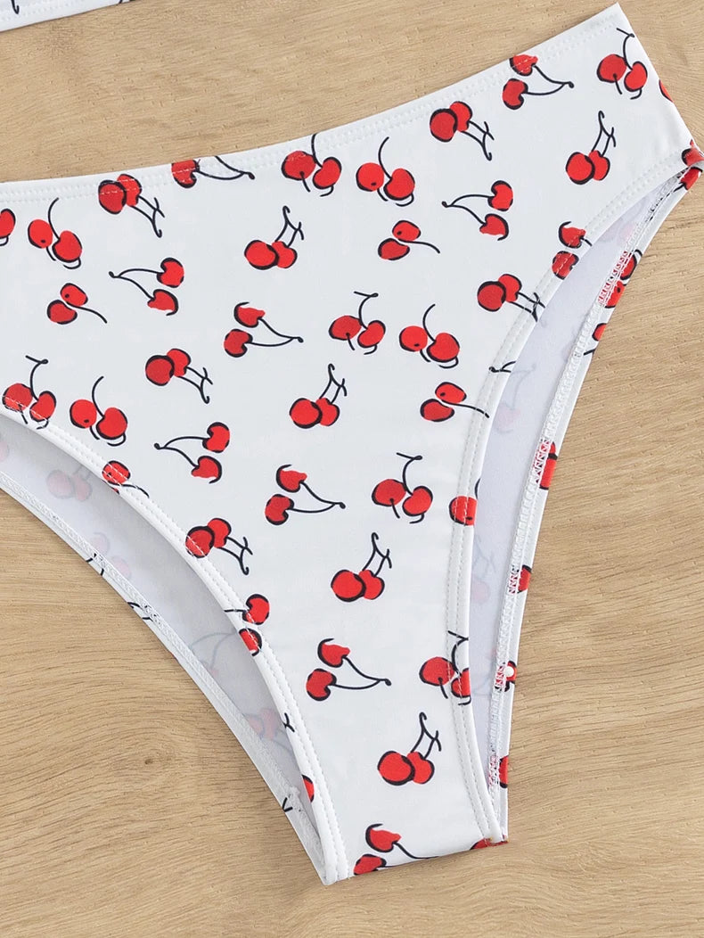 Black Cherry Print Bikini Set Women Tie Up Strap V Neck Push Up High Waist Swimsuit Cut Out Bathing Suit Two Piece Swimwear