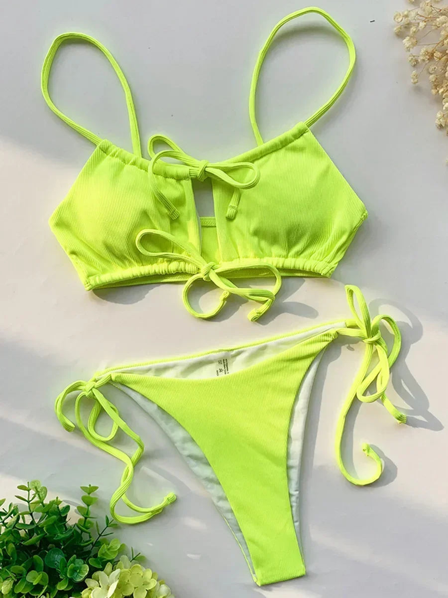 Strappy Lace Up Ribbed Bikini Women Swimwear Female Swimsuit Two-piece Bikini set Hollow Out Bathing Suit Swim