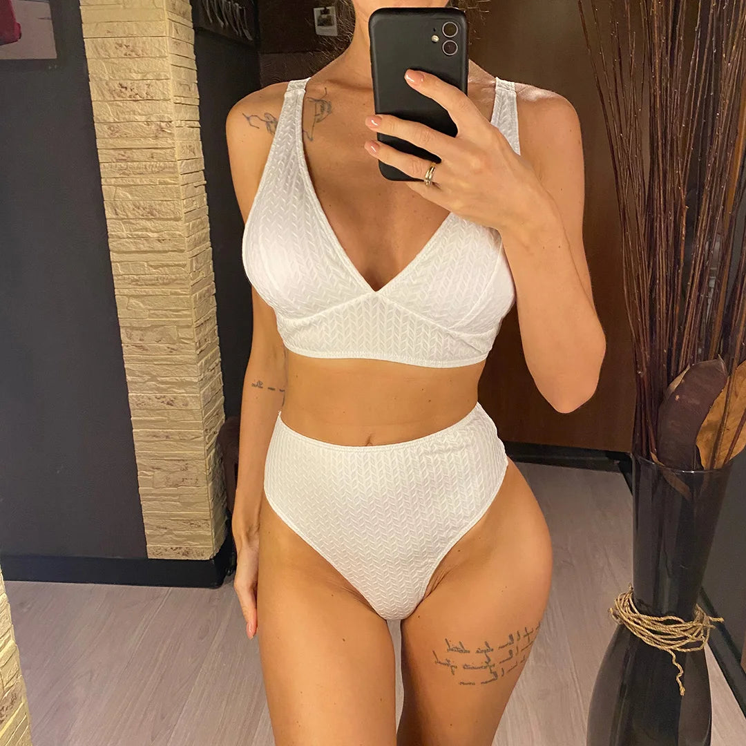 XS - L Wrinkled V Neck High Waist Bikini Female Swimsuit Women Swimwear Two-pieces Bikini set Bather Bathing Suit Swim