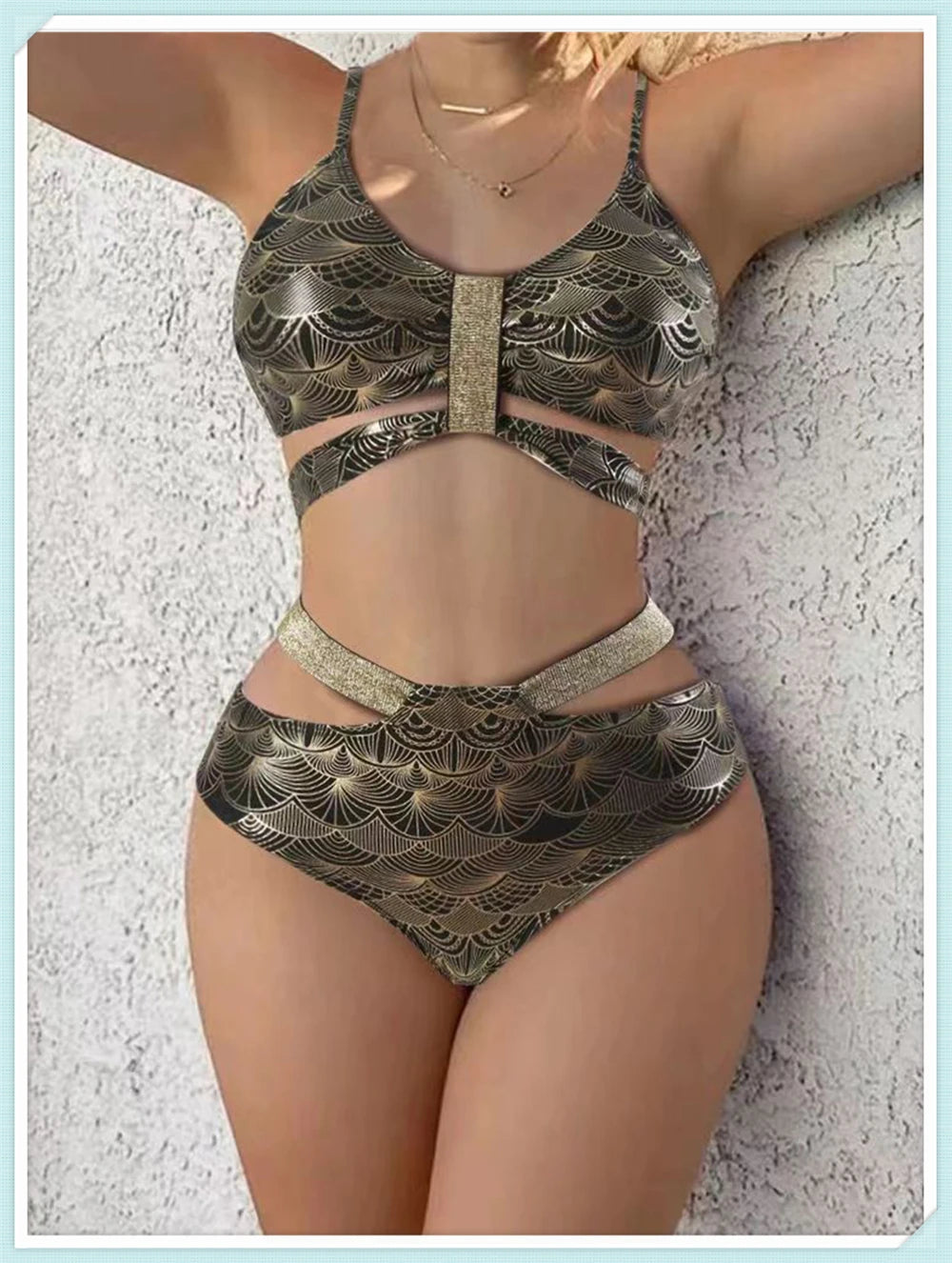 Metallic Stitch Strap Bikini Women Push Up Gold print Swimsuit Female High Waist Swimwear Bathers Bathing Suit Beachwear