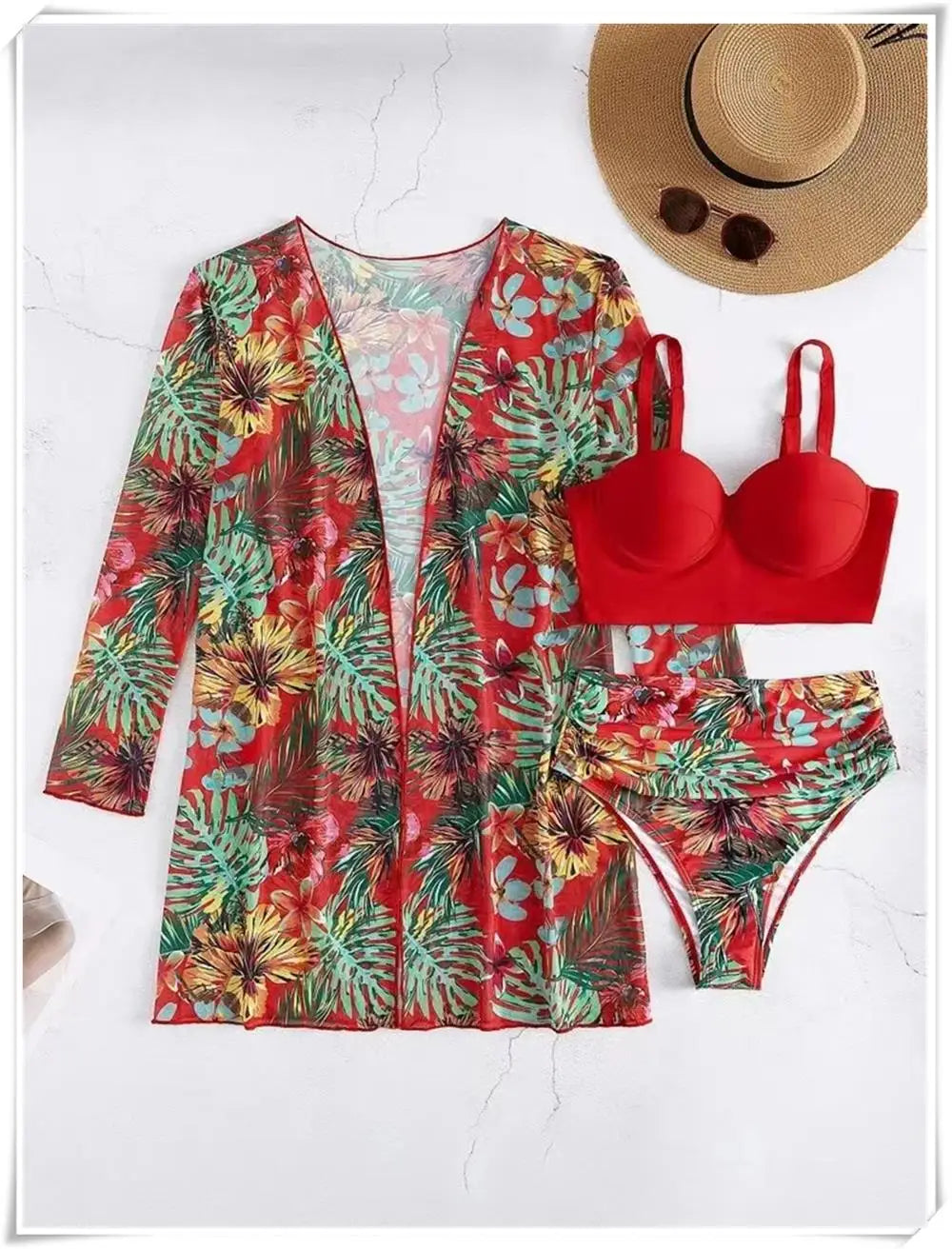 3 Piece Bikini Set Women Cover Up Swimwear Female Tropical Printed Swimsuit Push Up Beachwear Long Sleeve Bathing Suit
