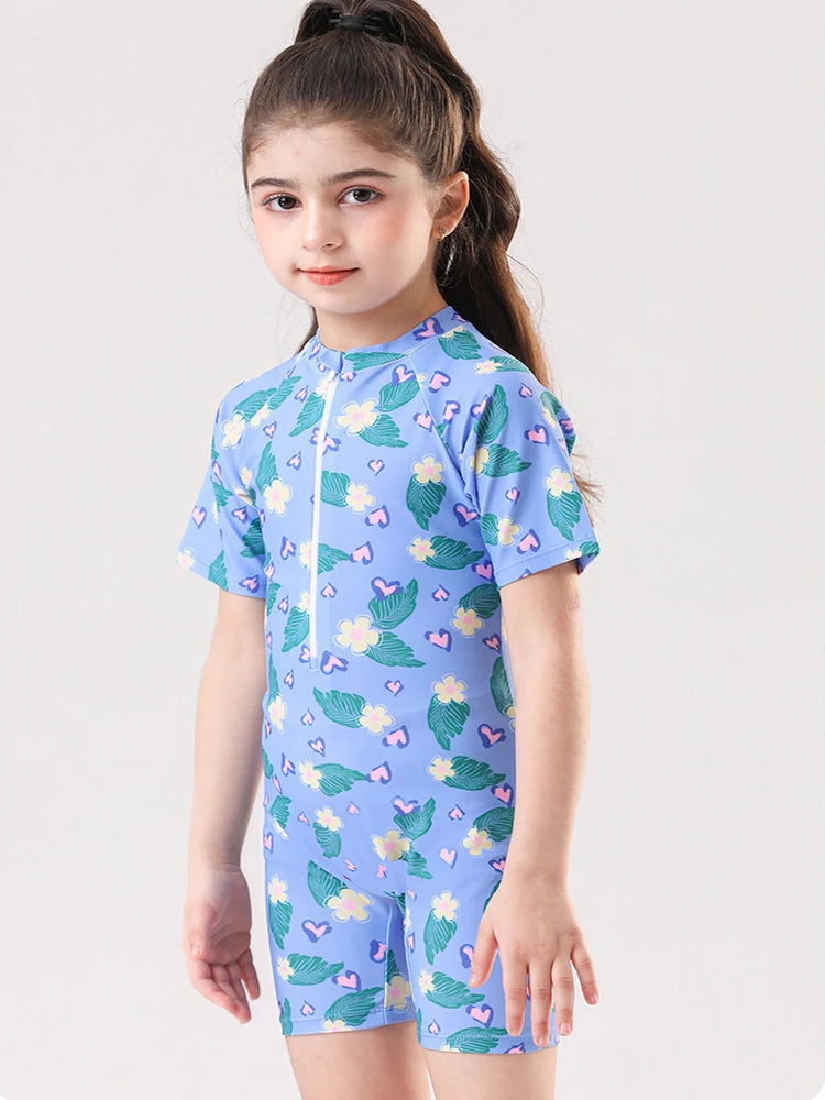 Leaf Print One Piece Girls Swimwear Kids Short Sleeve Swimsuit With Front Zipper Summer Children Swimming Suit Beachwear