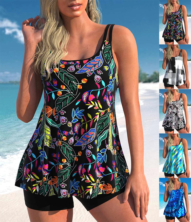 Women's Tankini Two Piece Swimwear Colorful Leaf Print Lace Up Beach Dress S-6XL