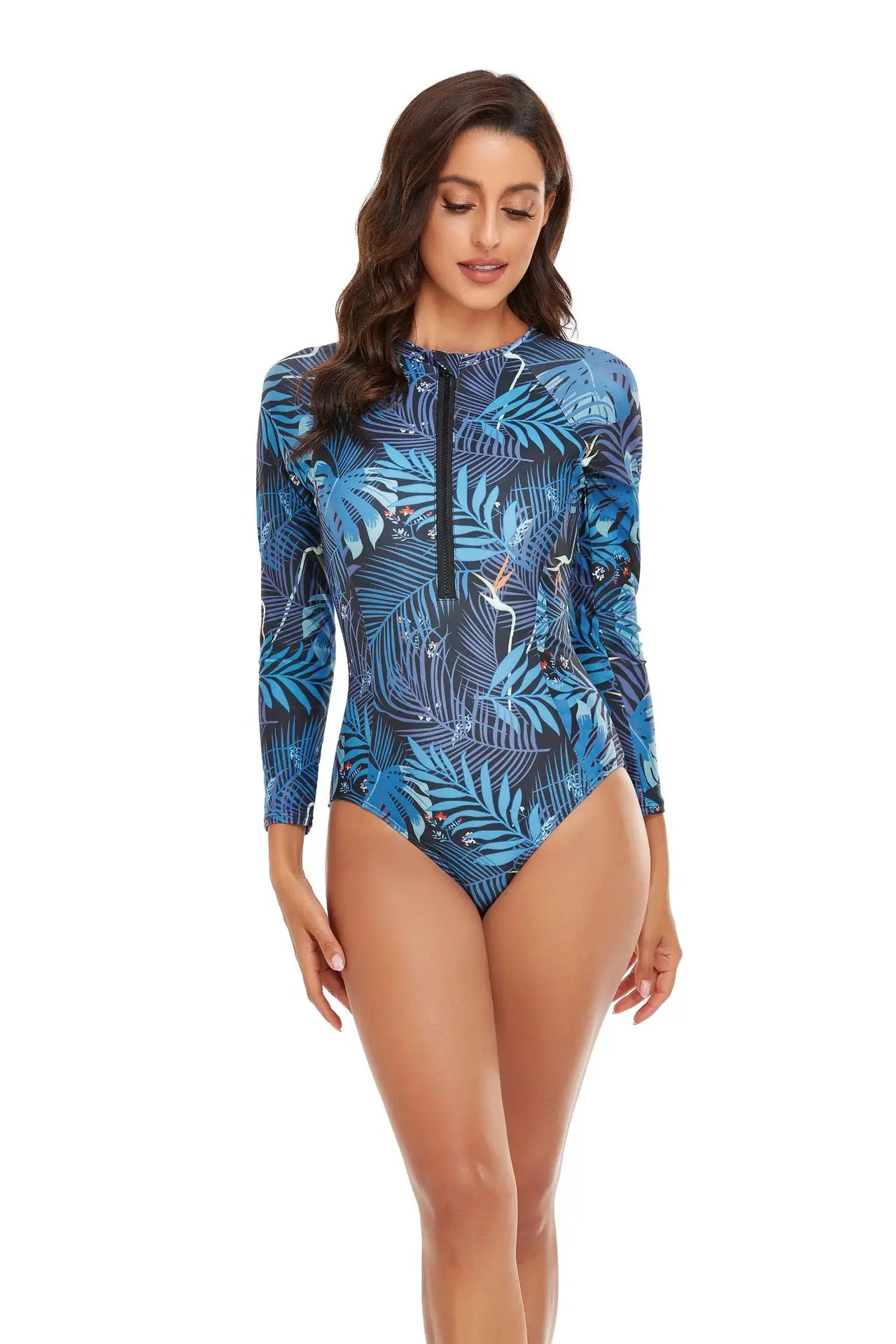 One-piece Swimsuit Women Long Sleeves Sunscreen Surf Wear Solid Color Stitching Zipper Conservative Summer Beach Swimwear