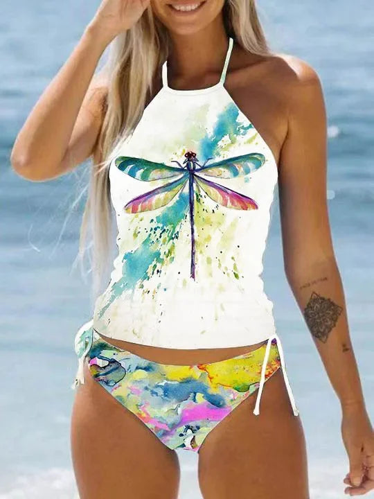 Women's Double Strap Swimsuit Comfortable Vacation Beach Tankini Short Dandelion Print Bikini S-6XL