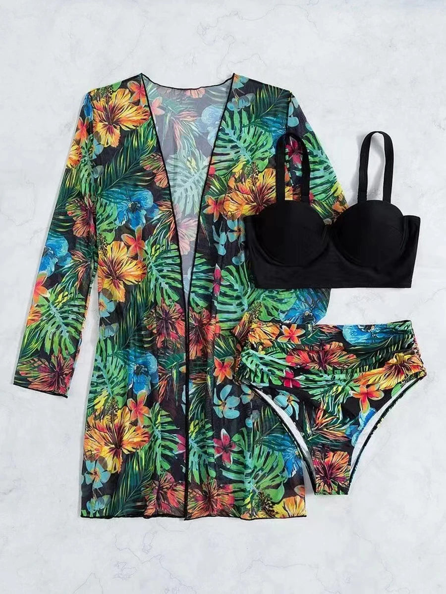 3 Piece Bikini Set Women Cover Up Swimwear Female Tropical Printed Swimsuit Push Up Beachwear Long Sleeve Bathing Suit