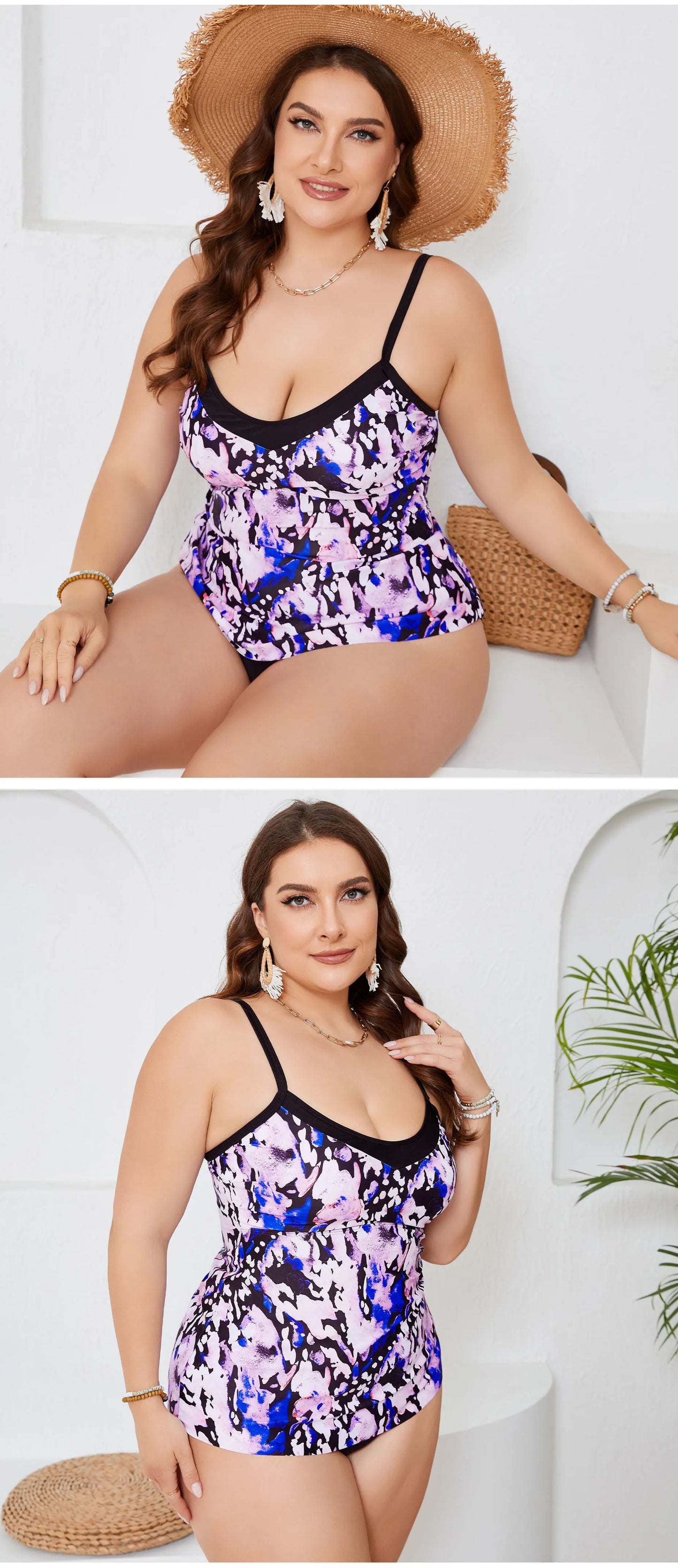 Purple Marble Print 2 Piece Plus Size Tankini Set Women Strapped High Waist Curvy Dress Swimsuit Beach Lady Big Bathing Suit