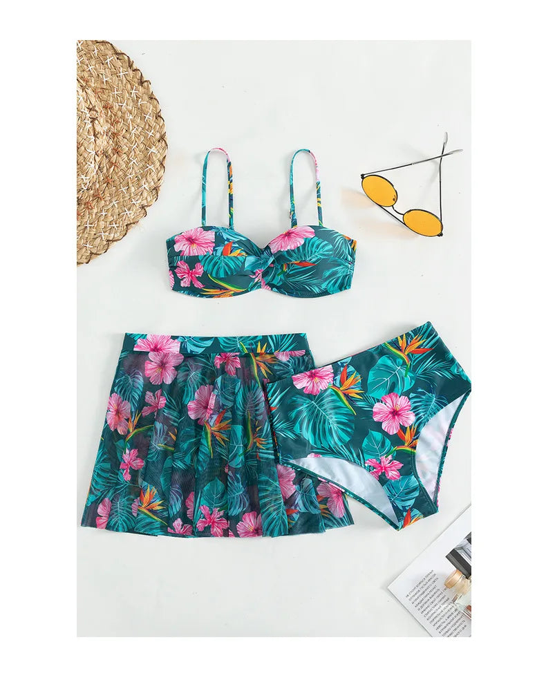 Cikini-Women's Tropical Print Push Up Bikinis Set, Swimsuit with Beach Skirt, Swimwear, Summer Bathing Suit