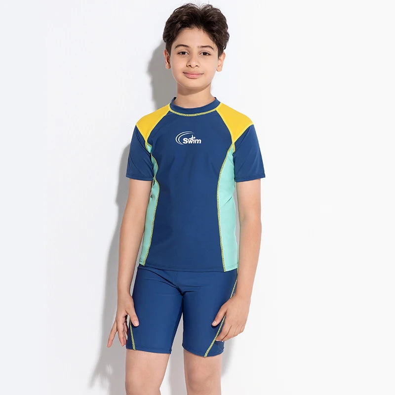 Boy Swimwear Short Shirt Two Piece Short Sleeve Solid Patchwork Teenager Children Kids Swimming Beach Wear 2024 9-16 years