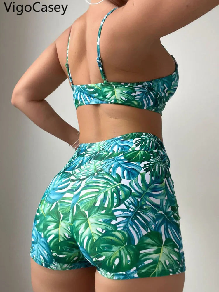 Leaf Print Swimwear Women Strapped Push Up Bikini High Waist Brazilian Swimsuit Lady Beach Summer Bathing Suit