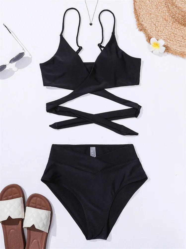 Solid Strapped Bikini Set Push UP Hollow Swimsuit Women Swimwear Biquinis High Waist Backless Bathing Suit