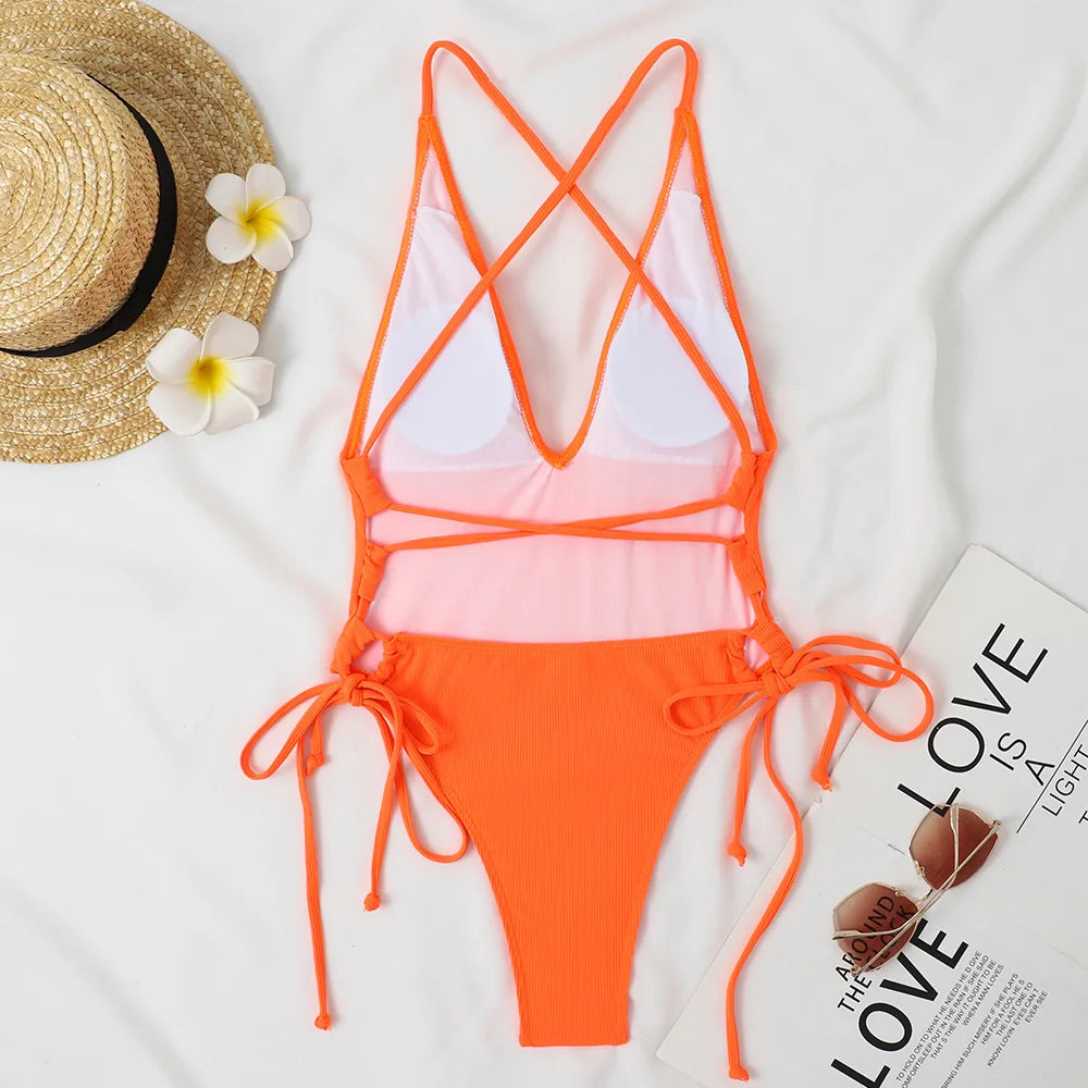 Solid Swimwear Women Strapped Push Up One Piece Swimsuit Beach Lady Monokini Cross Backless Bathing Suit