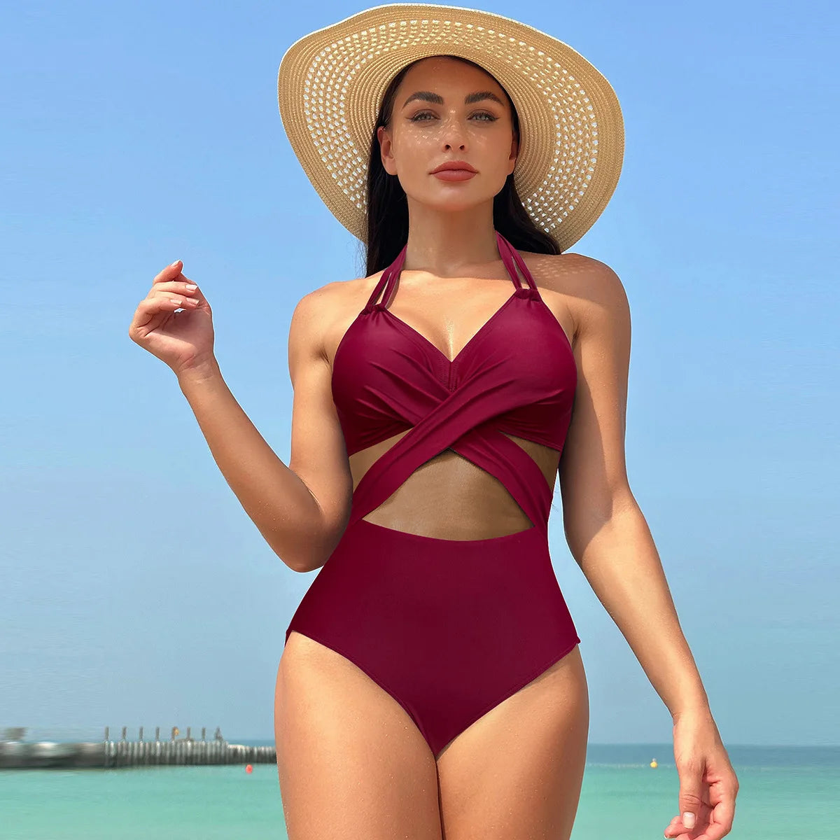 Pure Color Mesh Bikini Swimsuit One Piece Swimsuit Women's Summer