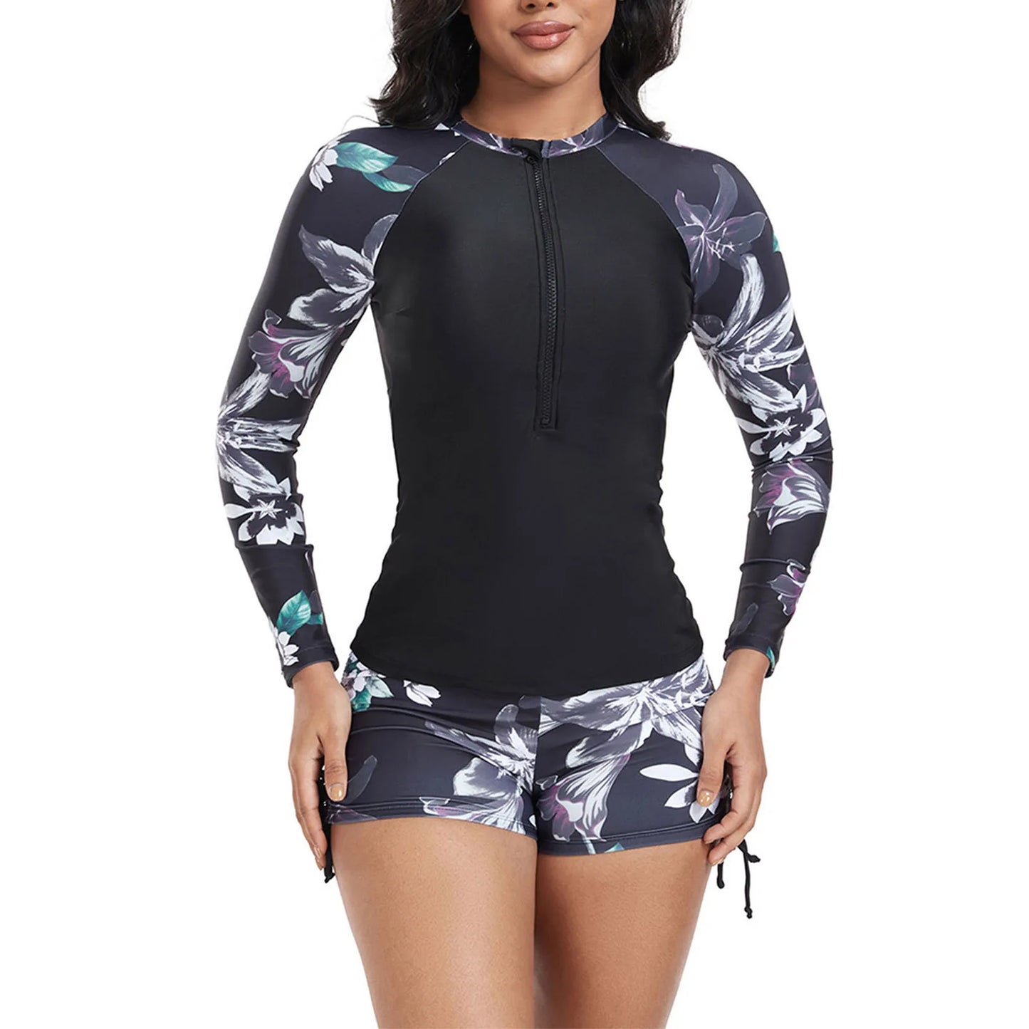 Womens Swim Sets Floral Print Rash Guard Swimsuit Long Sleeve Top and Side Drawstring Boyshort Shorts Beach Diving Bathing Suit