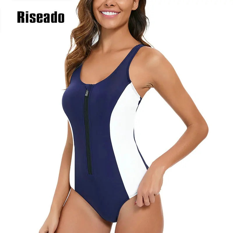 Riseado Sports One Piece Swimsuit Women Navy Swimwear Female Bodysuit Summer Swimming Suit Racerback Bathing Suits