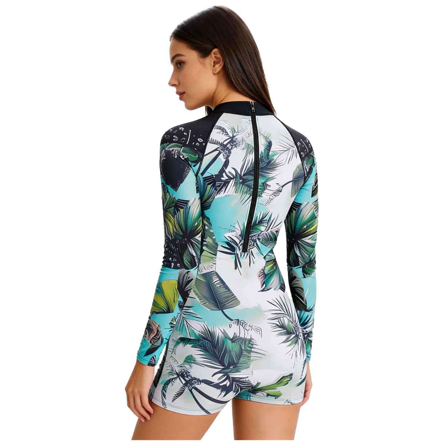 Women's Rash Guard Printed Swimwear Long-sleeve One-piece Swimsuit Sun-protection Back Zip Jumpsuit Surfing And Diving Suit for Water Sports