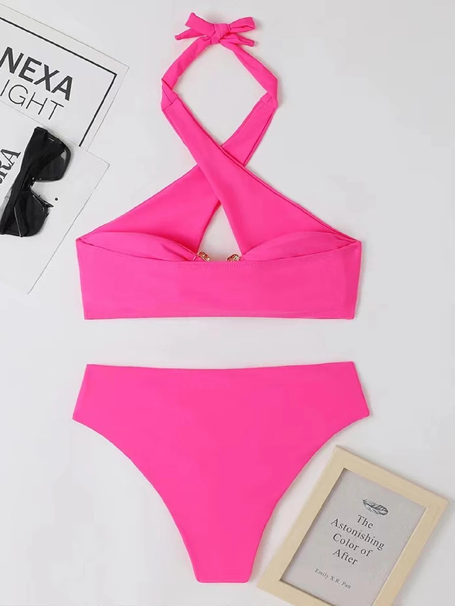 Halter Bikini Solid Metal Link Swimsuit Women Hollow Out Swimwear Female Bathers Bathing Swimming Swim Suit Beachwear
