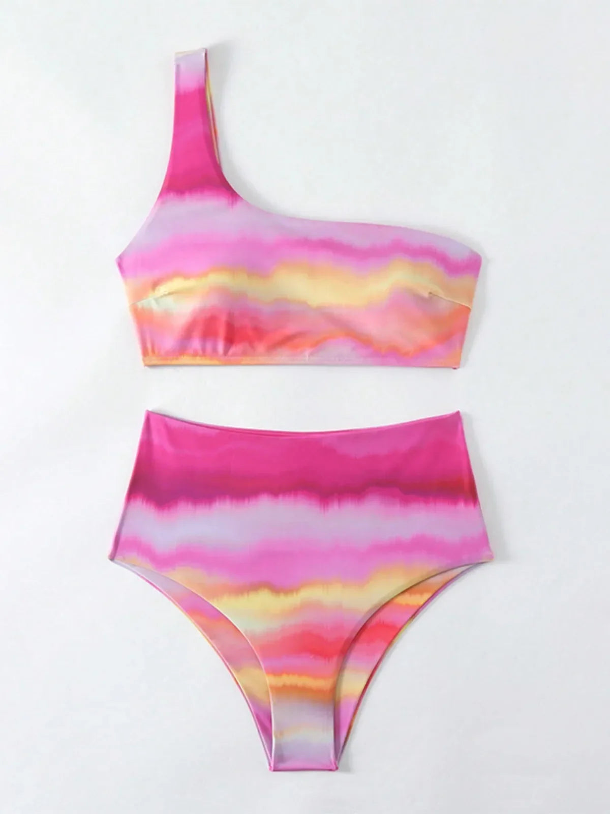 Rose Red Tie Dye Print Two Piece Swimsuit Single Shoulder Backless Bikini Set Beach Vacation High Waist Bathing Suit
