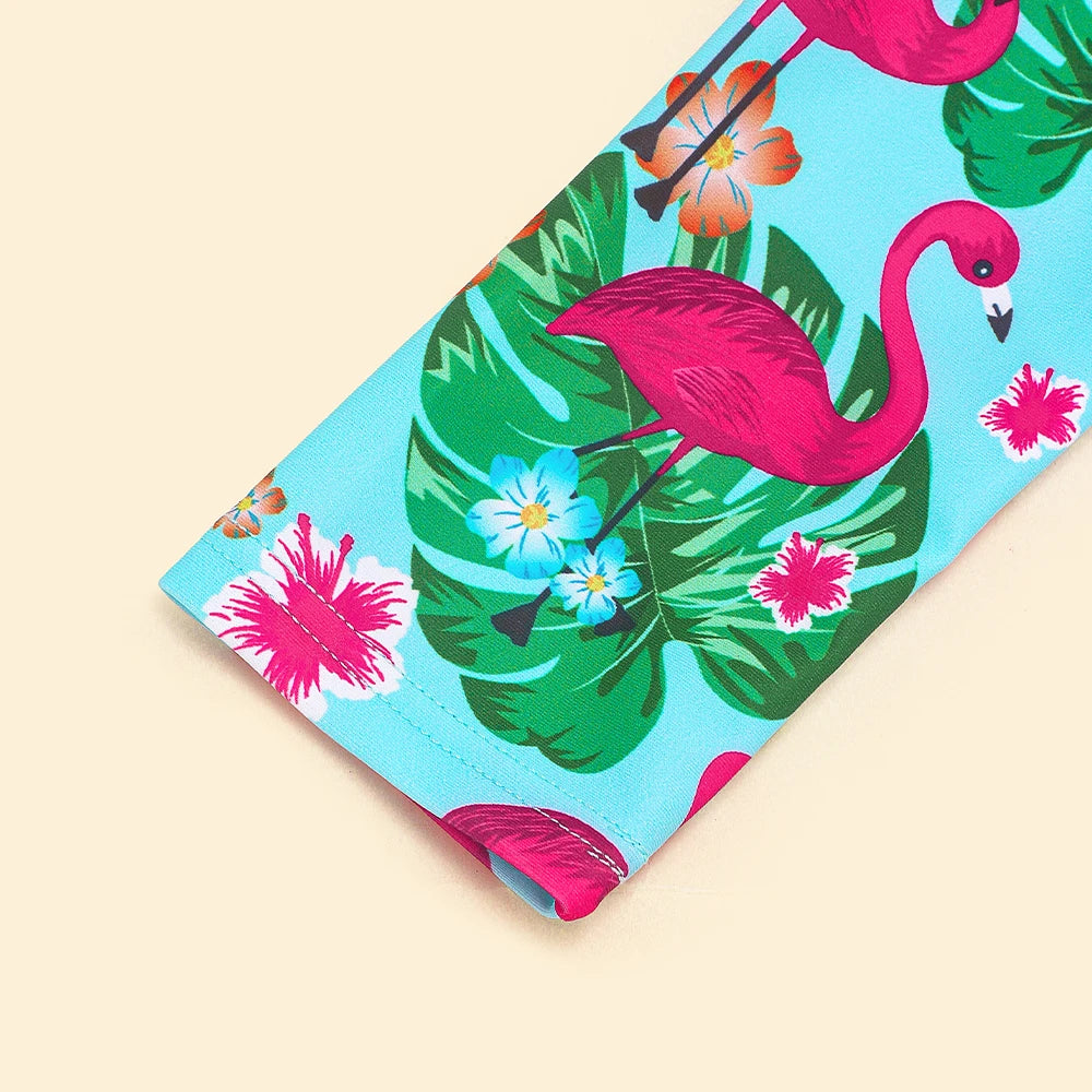 Girls One Piece Swimsuits Long Sleeve Rash Guard Beachwear Flamingo Swimwear Kids Hawaiian Bathing Suit Ruffle Swim Shirts