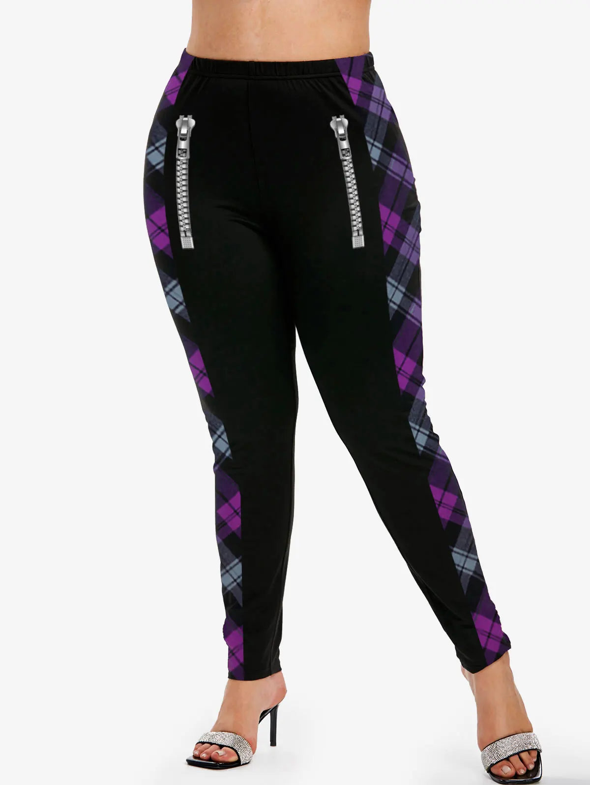 ROSEGAL 5XL Women's Plus Size Leggings Gothic 3D Zipper Buckles Printed Pencil Pants Oversized High Waist Skinny Trousers Mujer