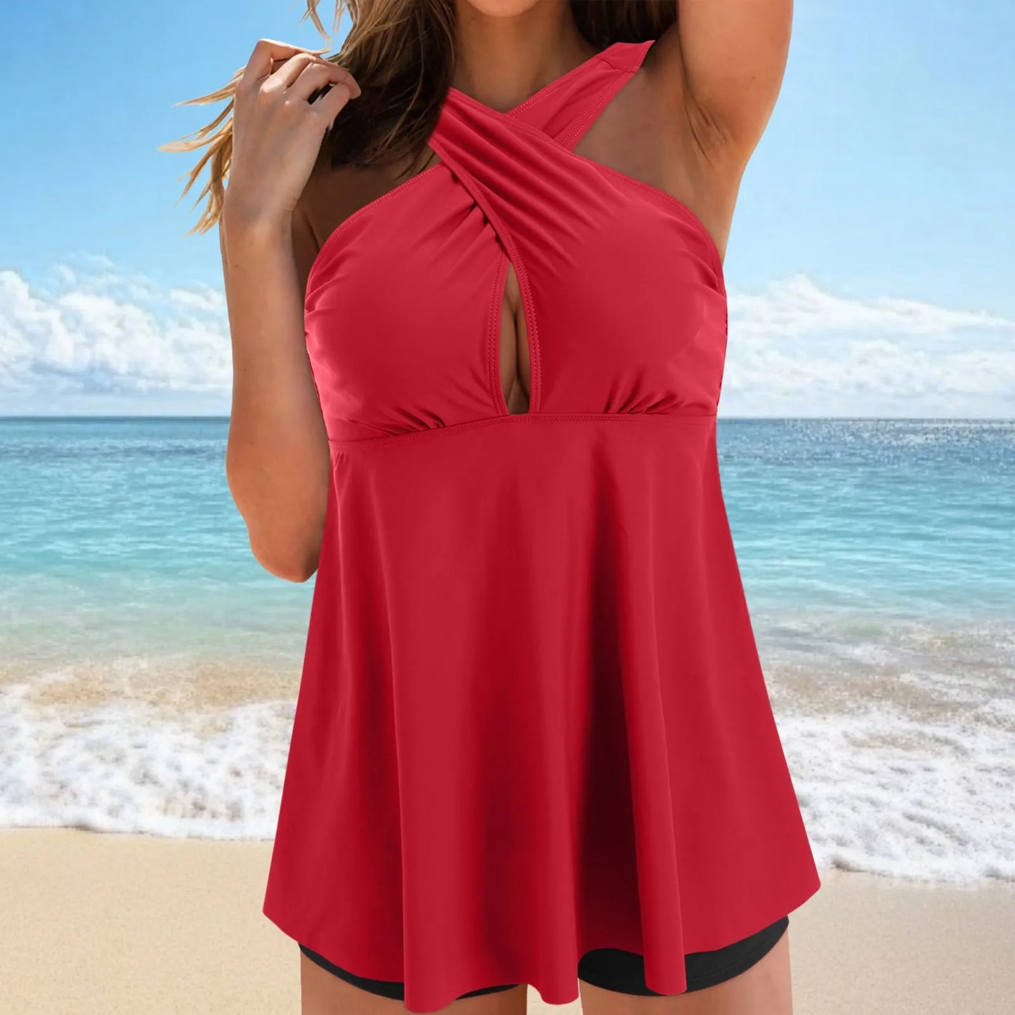 Women Conservative Tankini Swimsuits Hanging Neck Hole Backless Color Block Bathing Suits Solid Color Comfy Flat Angle Shorts