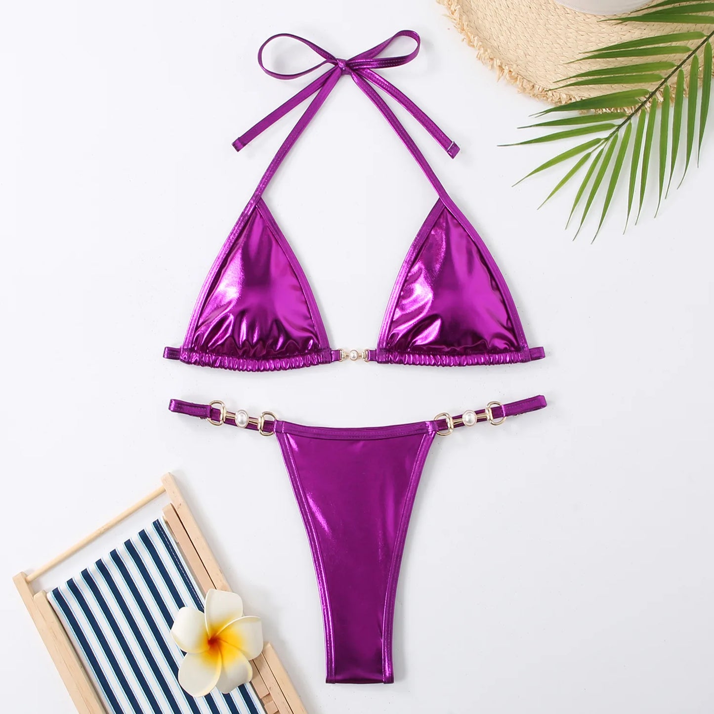 Metallic Halter Bikinis Set Lace Up Triangle Tie Side Swimsuit Pearl Patchwork Women Swimwear Micro Thong Bathing Suit