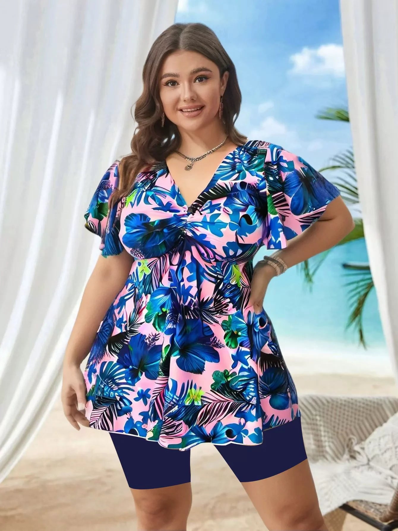 Plus Size Women's Swimsuit Printed Two Piece Tankini Bathing Suit V-Neck Short Sleeve Swim Top High Waist Swimwear