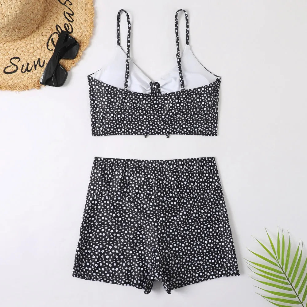 High Waist Bikini Swimsuit Women Floral Print Swim Suits Drawstring Front Shorts Boxers Swimwear Trunks Pool Bathing Suit