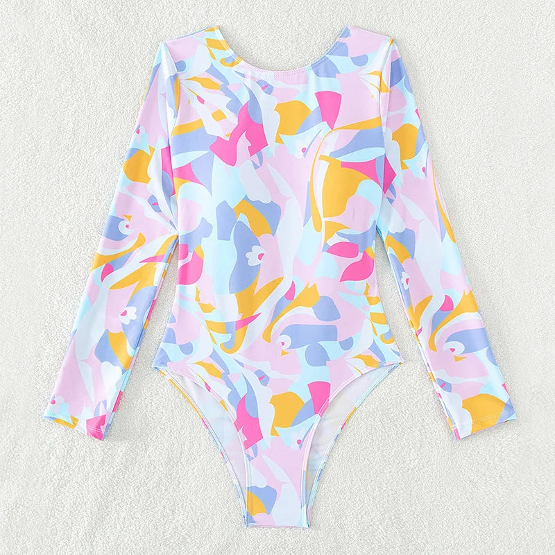 Surfing Sport Long Sleeves Swimsuit For Women Floral Printed High Quality Swimwear Patchwork Bathing Suit Tropical Summer