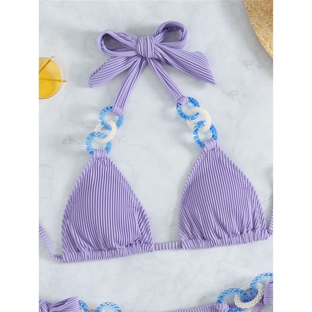 Halter Shiny Ring Ribbed Bikini Female Swimsuit Women Swimwear Two-pieces Bikini set Brazilian Bather Bathing Suit Swim