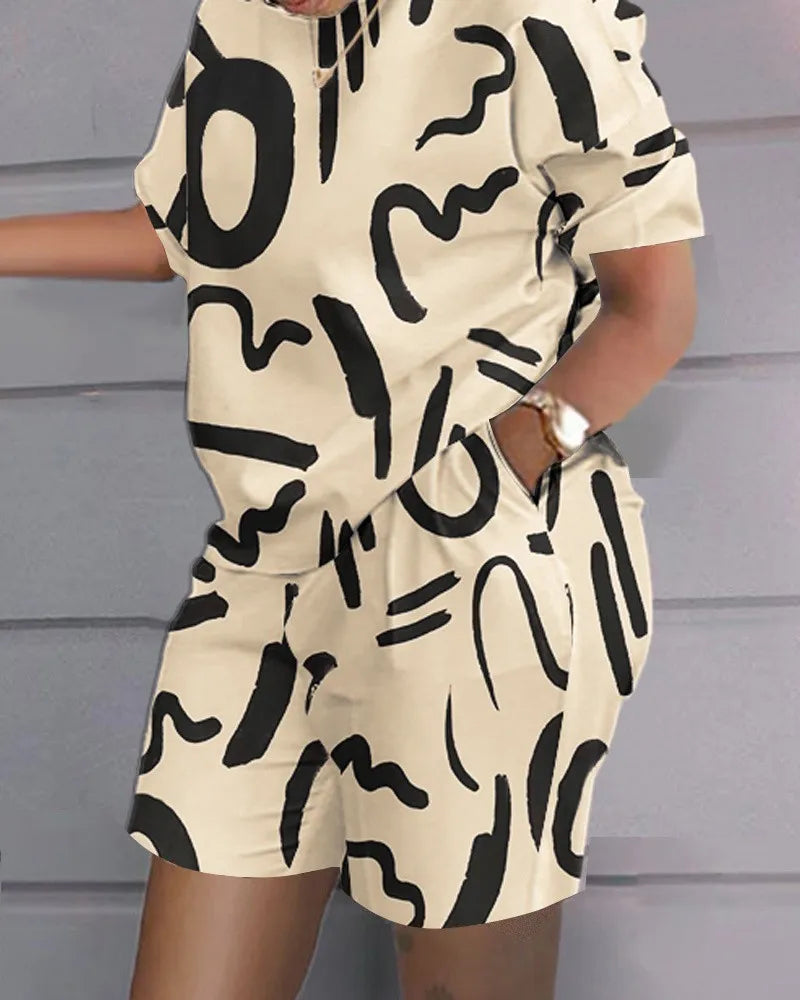 Women Casual Short Sleeve Two Piece Sets Womens Outifits Summer Letter Printed Pocket Suit Female T-shirt Shorts Matching Sets