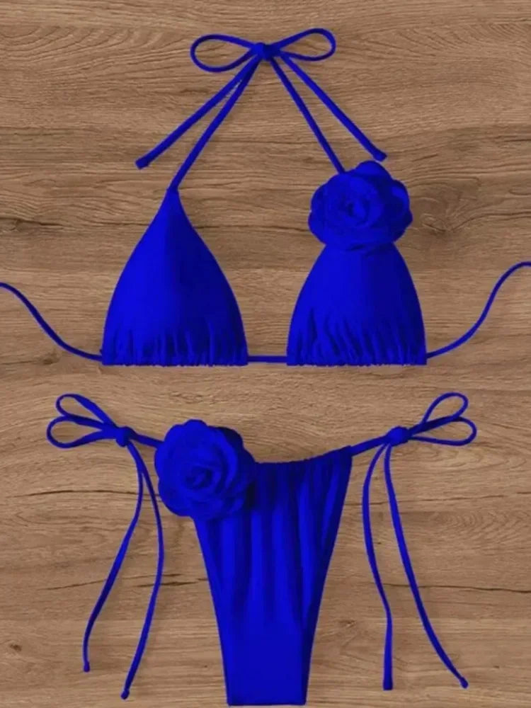 Flower Bandeau Swimwear Thong Bikini Women Lace-up Swimsuits Swimming Bathing Suit Brazilian Bikinis Set Mujer Biquini